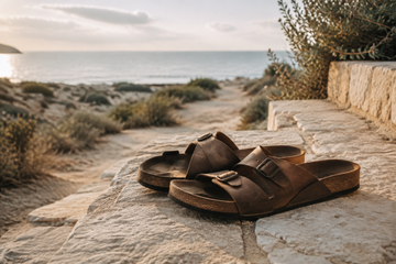 Worn-in leather cork-footbed sandals on pale coastal stone at sunset