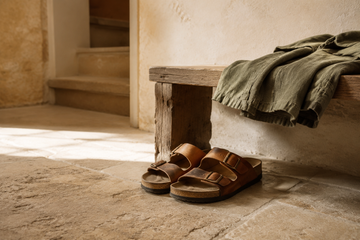 Leather cork-footbed sandals beside an olive linen overshirt in warm morning light