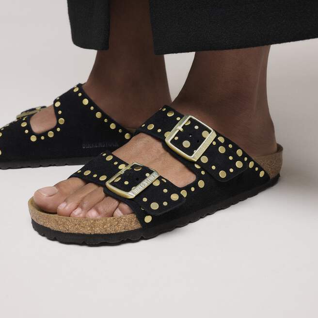 Birkenstock Arizona Rivets Black Suede on-foot close-up