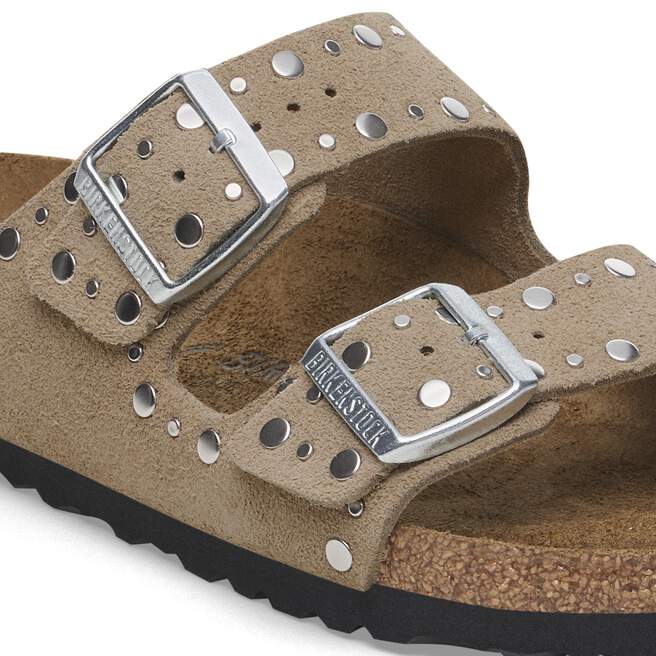 Birkenstock Arizona Rivets Taupe suede and metallic rivet detail