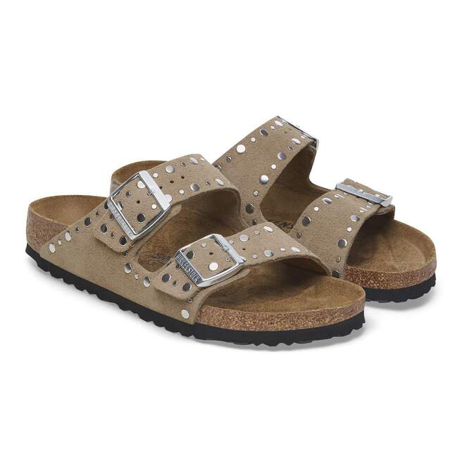 Pair of Birkenstock Arizona Rivets sandals in Taupe